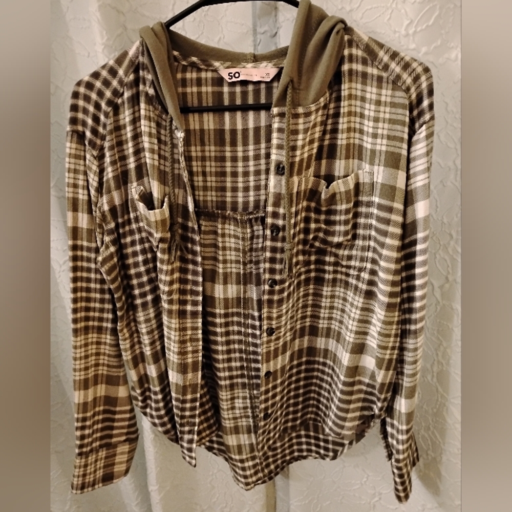 SO Olive Green Plaid Buttoned Up Hooded Shirt